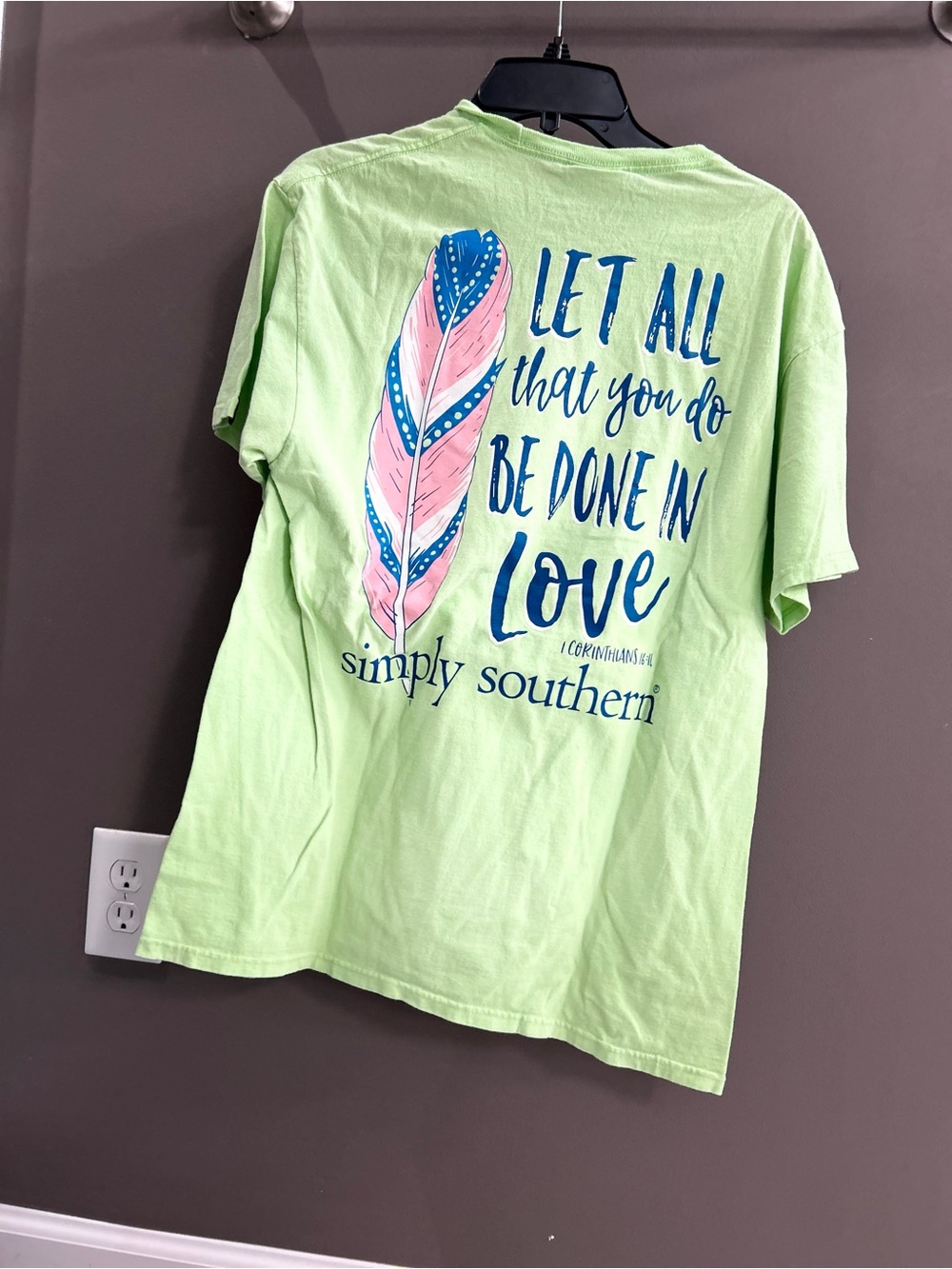 Simply Southern Lime Green Tee with Pink & Blue Feather Graphic
